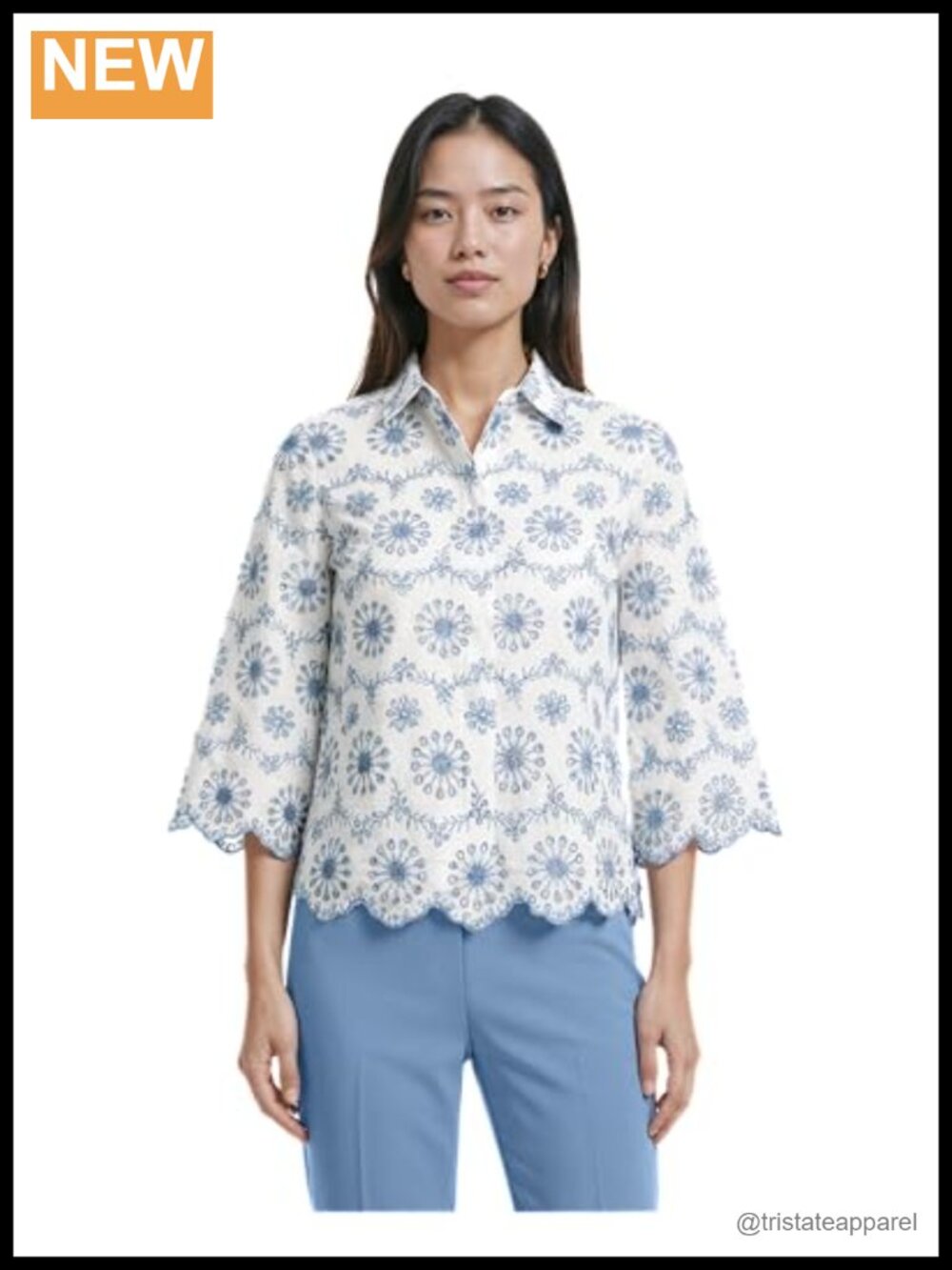 Scallop Hem Button Front Blouse 3/4 Sleeve Cotton Floral